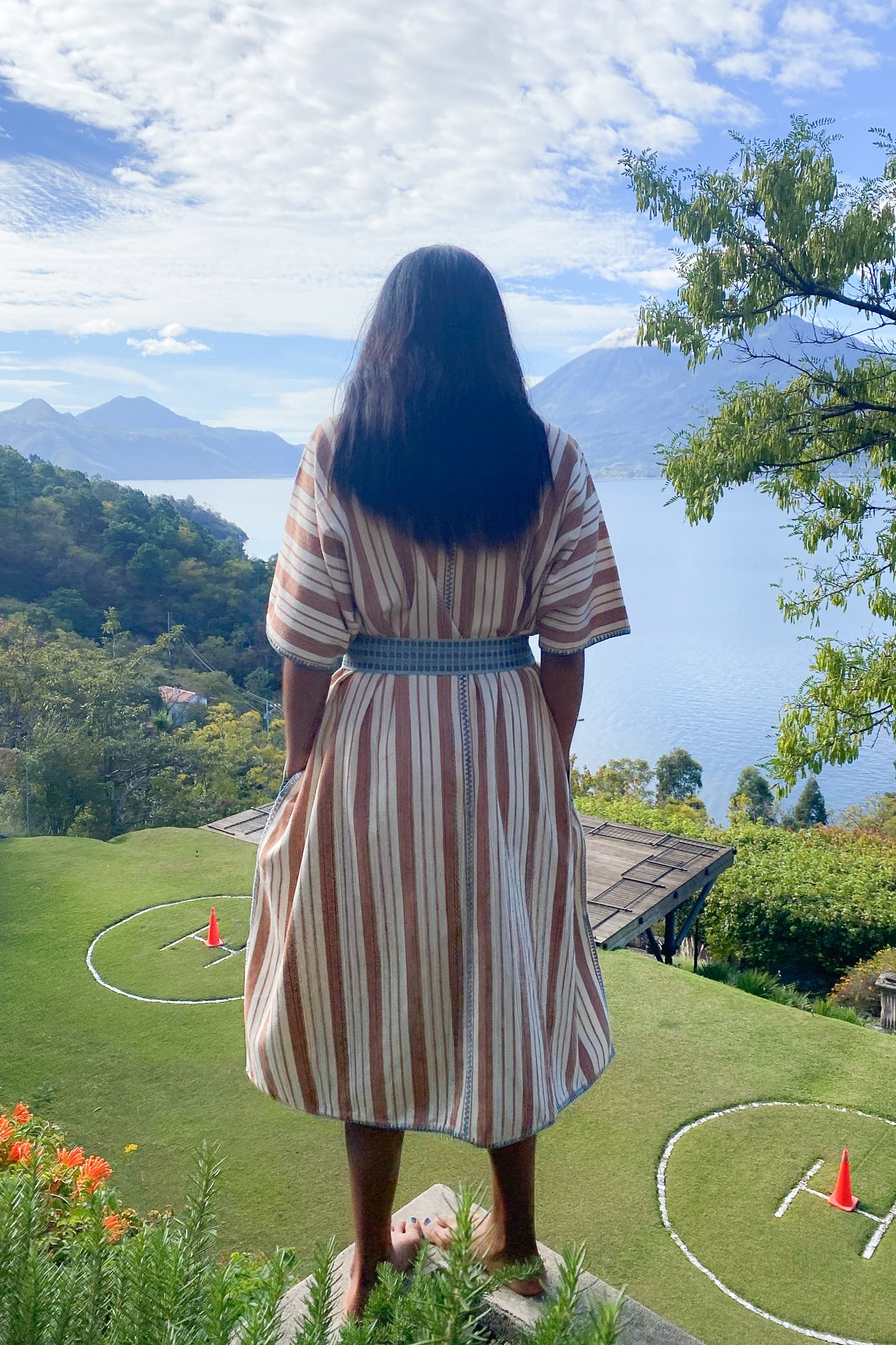 BEIGE STRIPE EXTRA WIDE MIDI KAFTAN WITH BLUE STITCH