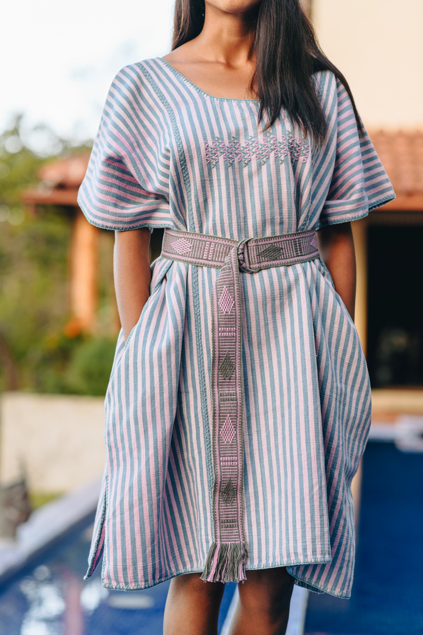 PINK AND BLUE STRIPE WIDE MINI KAFTAN