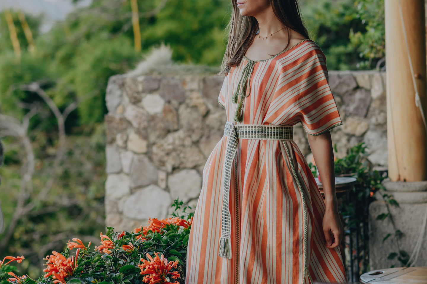 ORANGE STRIPE EXTRA WIDE MIDI KAFTAN WITH GREEN STITCH