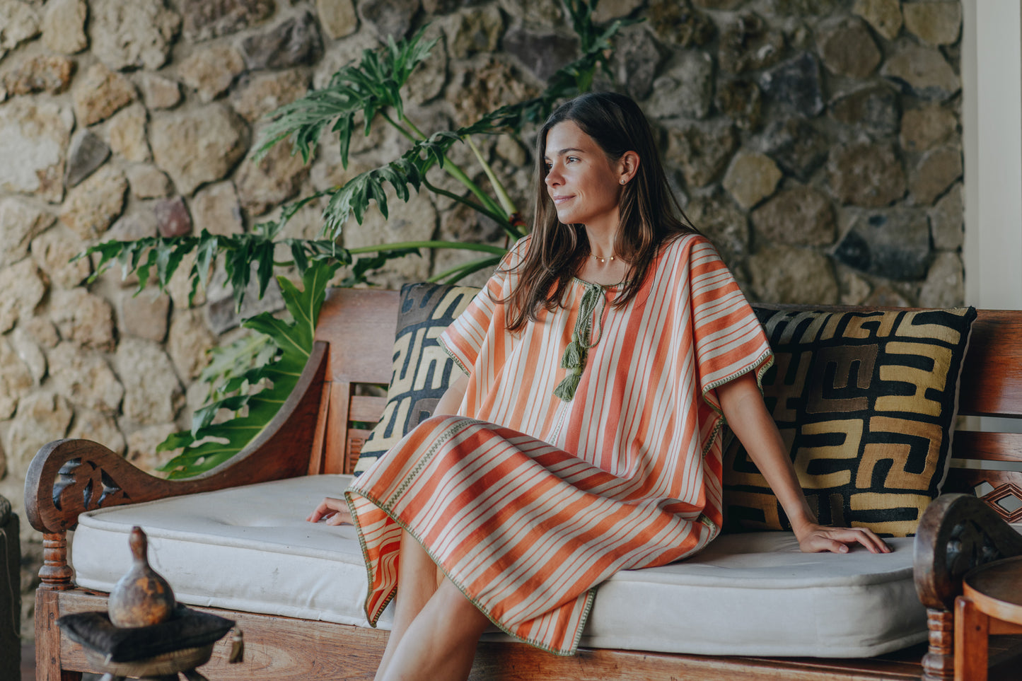 ORANGE STRIPE EXTRA WIDE MIDI KAFTAN WITH GREEN STITCH