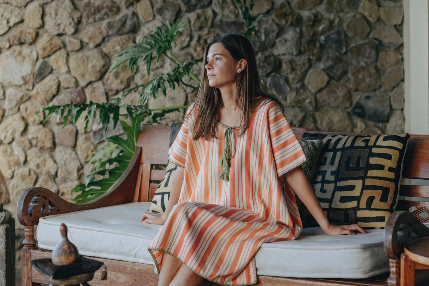 ORANGE STRIPE EXTRA WIDE MIDI KAFTAN WITH GREEN STITCH