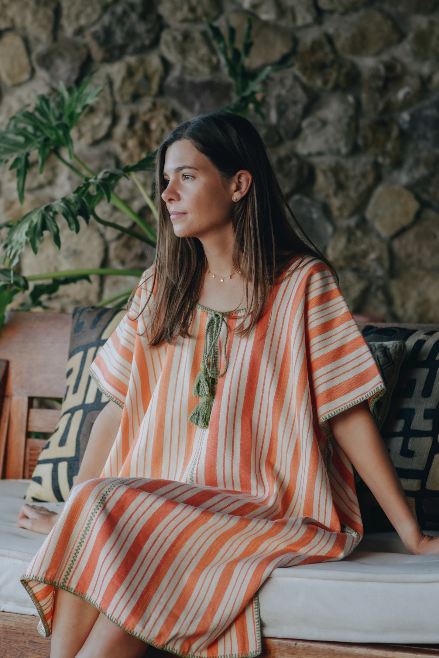 ORANGE STRIPE EXTRA WIDE MIDI KAFTAN WITH GREEN STITCH