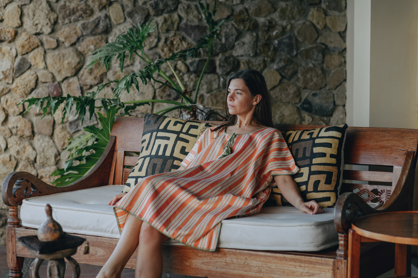 ORANGE STRIPE EXTRA WIDE MIDI KAFTAN WITH GREEN STITCH