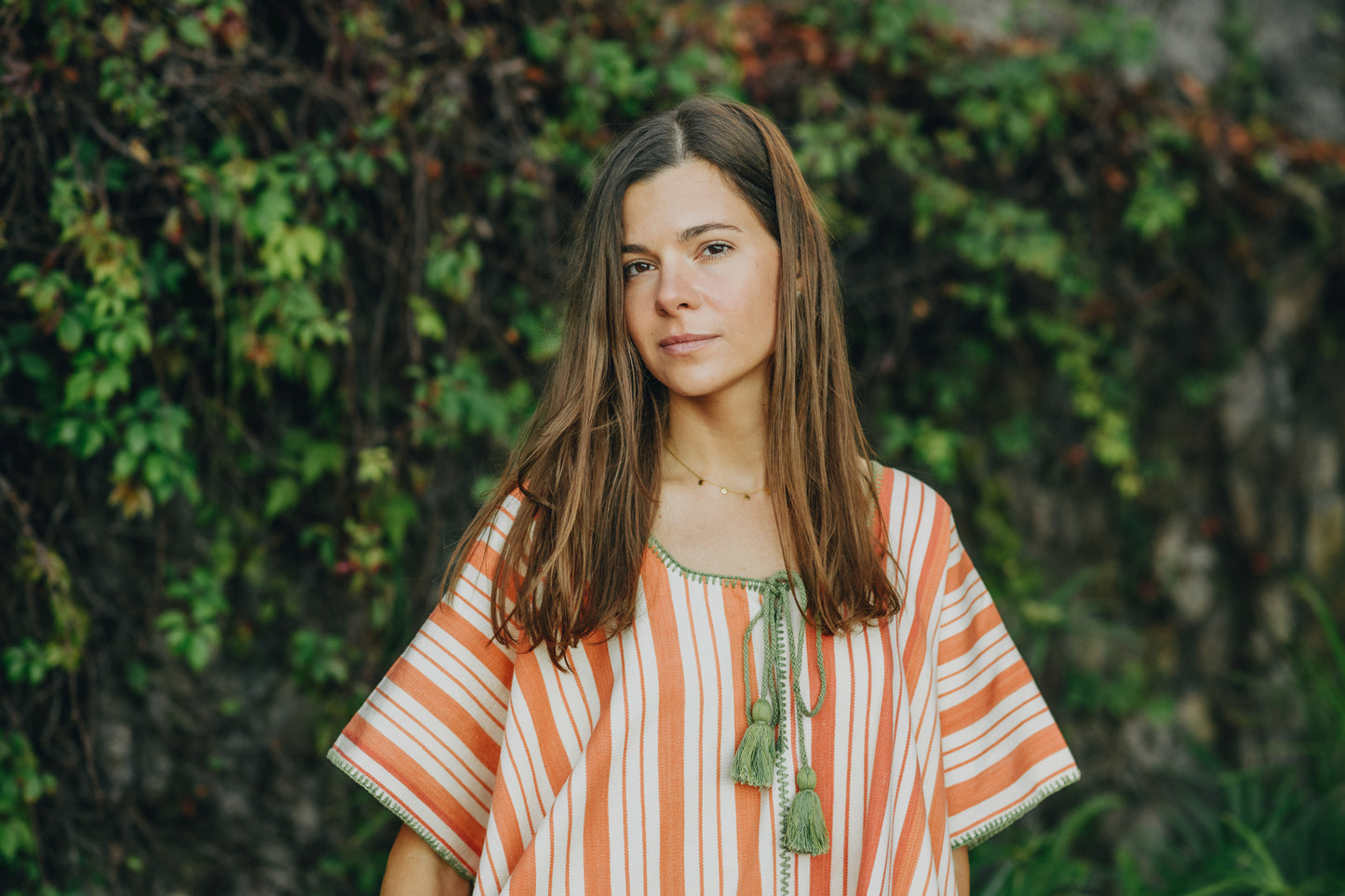 ORANGE STRIPE EXTRA WIDE MIDI KAFTAN WITH GREEN STITCH