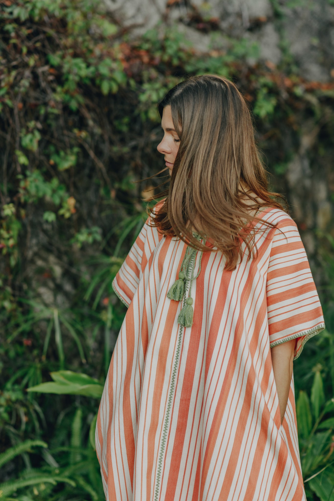 ORANGE STRIPE EXTRA WIDE MIDI KAFTAN WITH GREEN STITCH