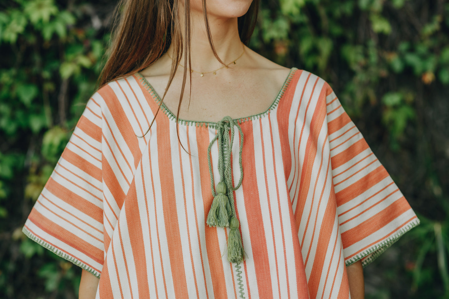 ORANGE STRIPE EXTRA WIDE MIDI KAFTAN WITH GREEN STITCH