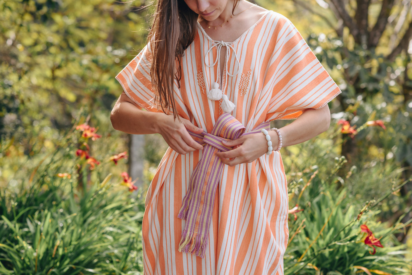 ORANGE STRIPE MAXI WIDE FIT KAFTAN WITH EMBROIDERY