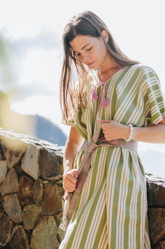 JADE STRIPE NARROW MINI KAFTAN WITH PINK STICH