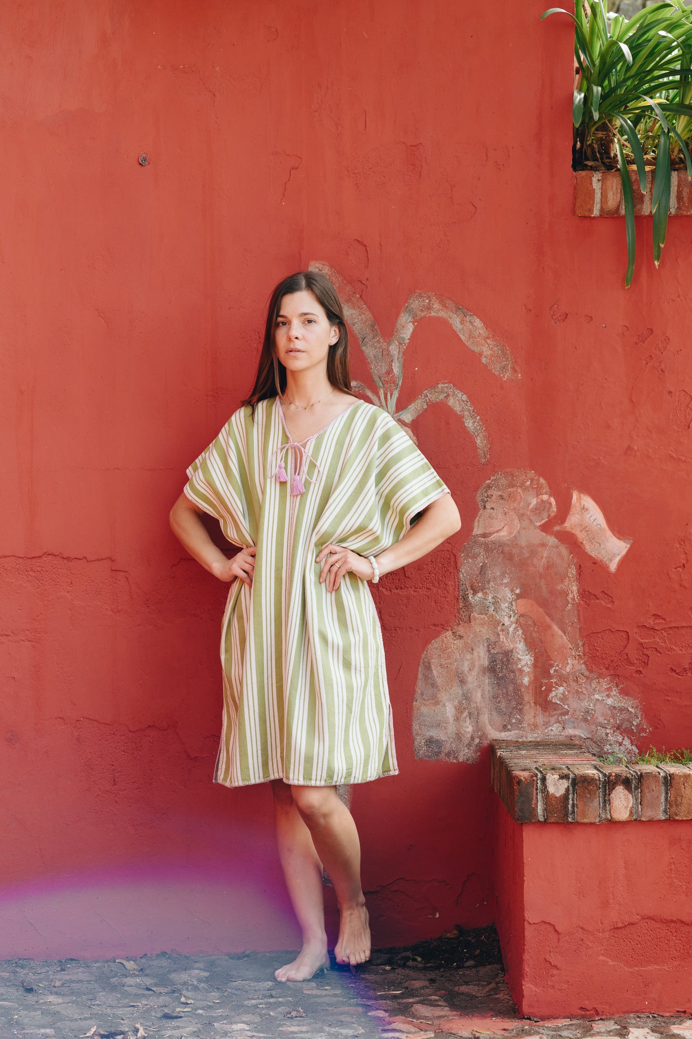 JADE STRIPE NARROW MINI KAFTAN WITH PINK STICH