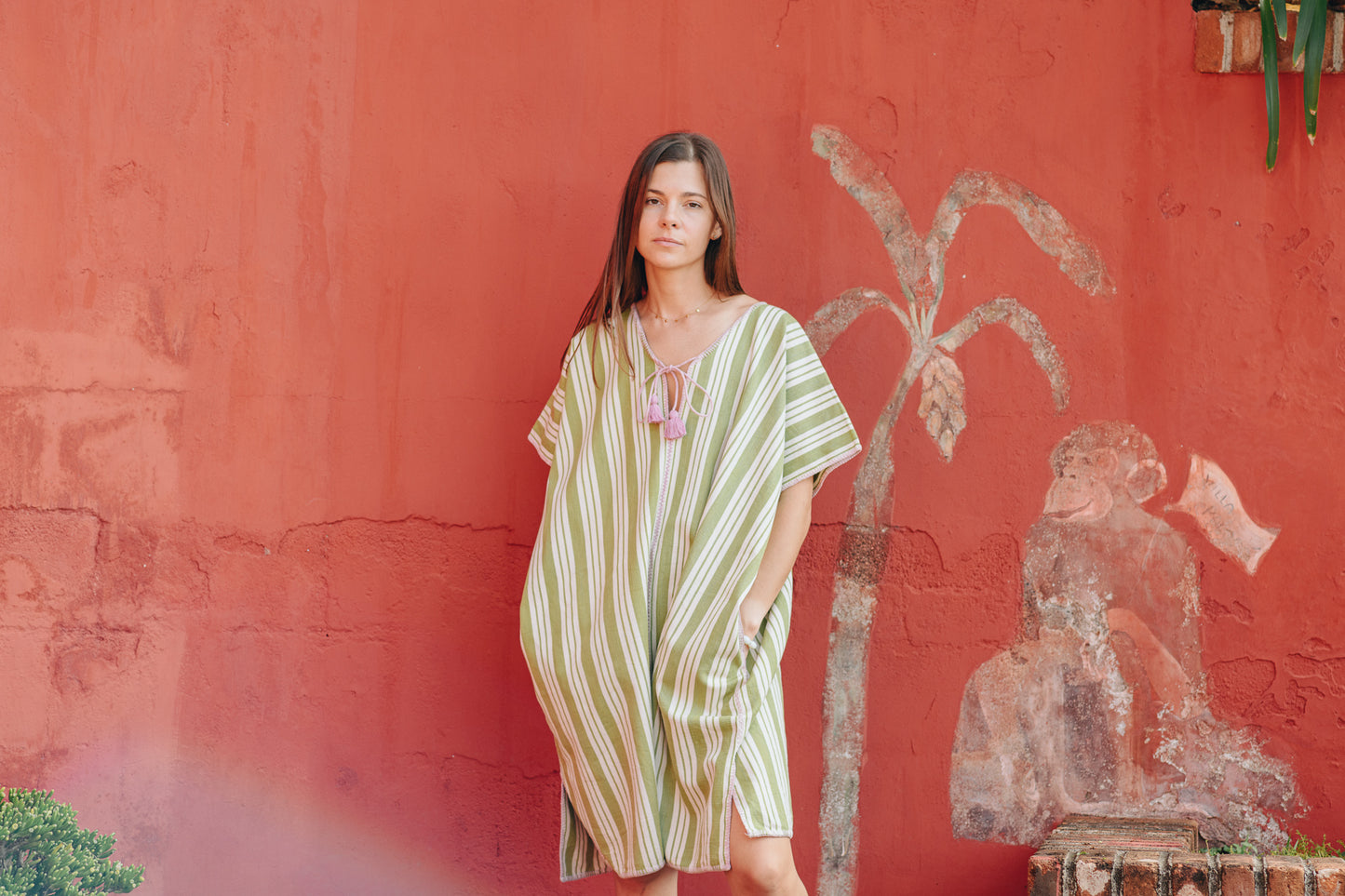 JADE STRIPE NARROW MINI KAFTAN WITH PINK STICH