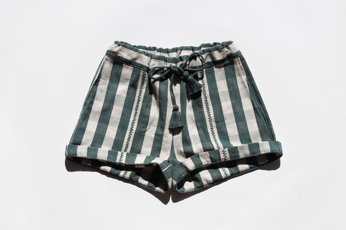 HANDWOVEN SHORTS IN EMERALD GINGHAM