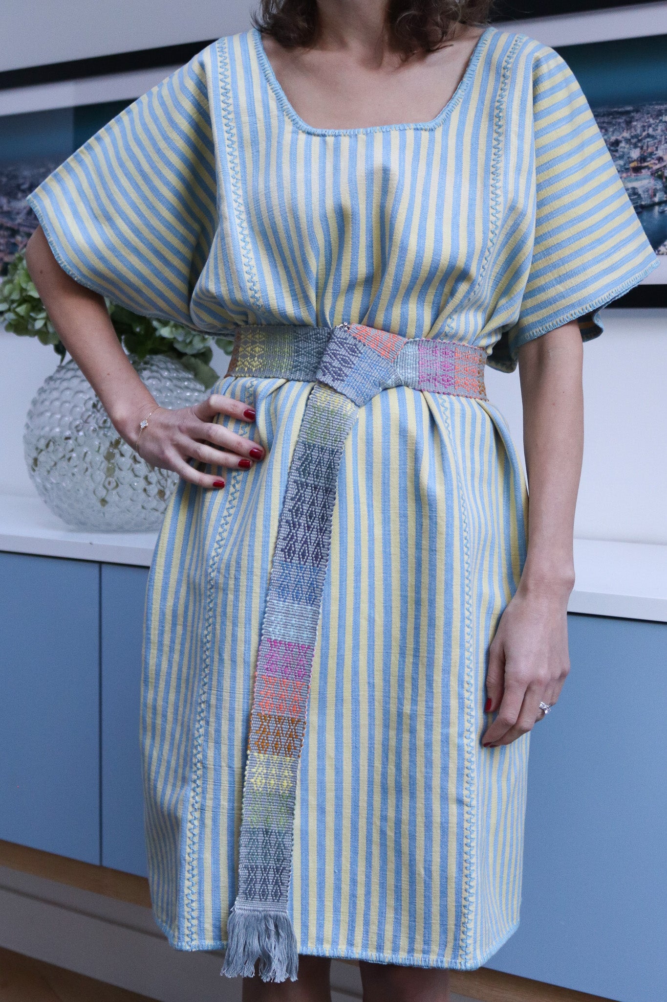 YELLOW AND BLUE STRIPE WIDE MINI KAFTAN