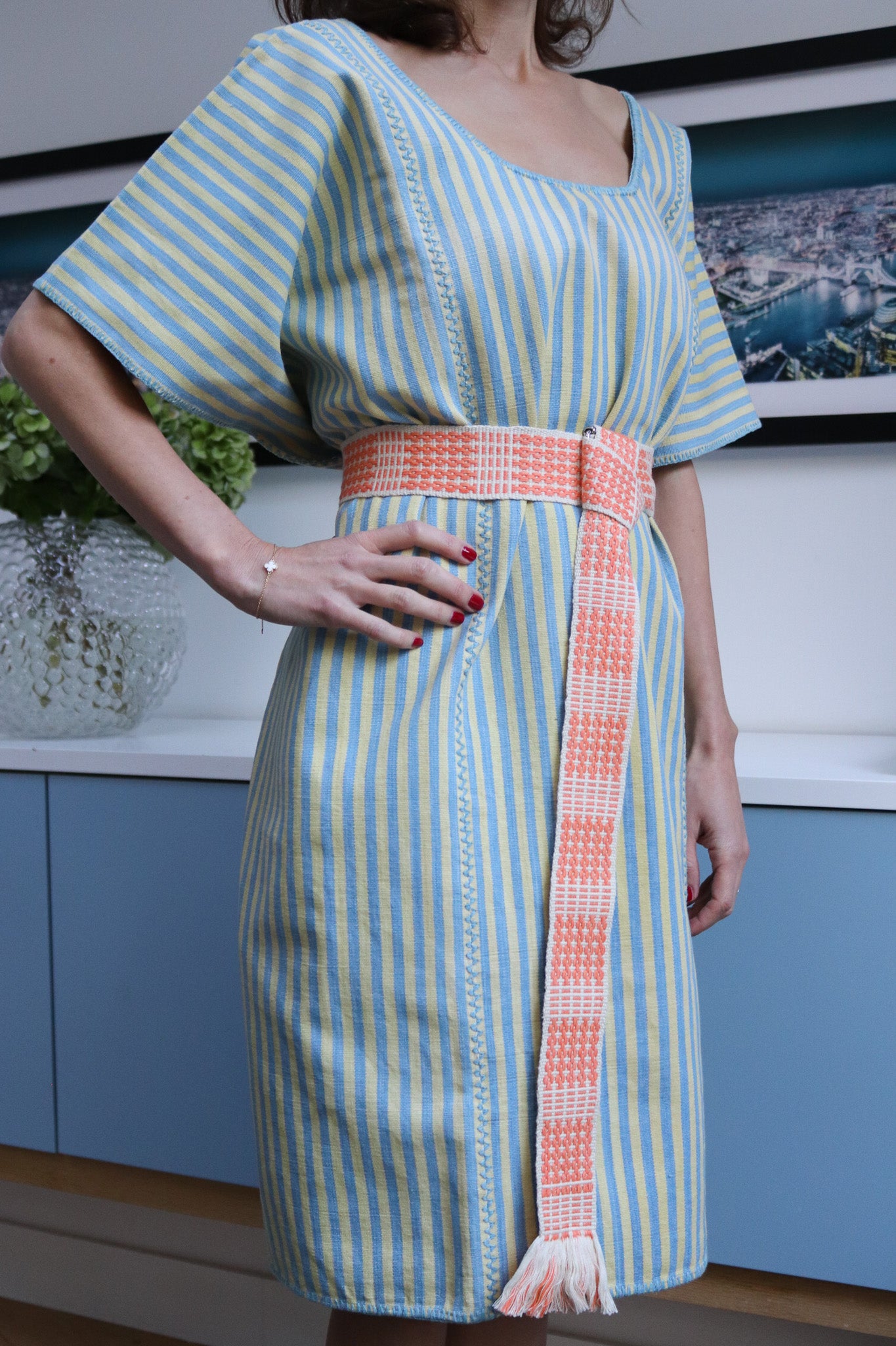 YELLOW AND BLUE STRIPE WIDE MINI KAFTAN