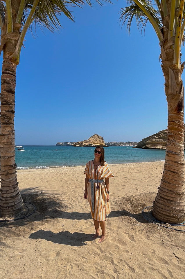 ORANGE STRIPE NARROW MIDI KAFTAN WITH LAVENDER STITCH