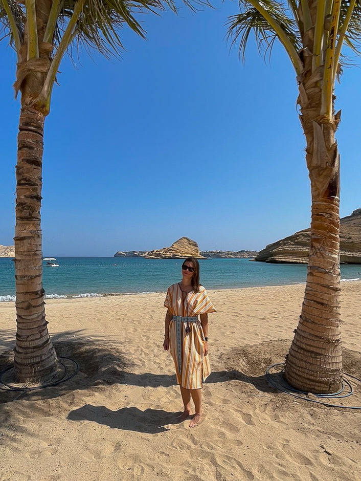 ORANGE STRIPE NARROW MIDI KAFTAN WITH LAVENDER STITCH