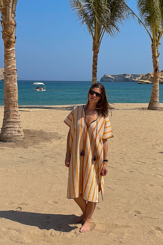 ORANGE STRIPE NARROW MIDI KAFTAN WITH LAVENDER STITCH