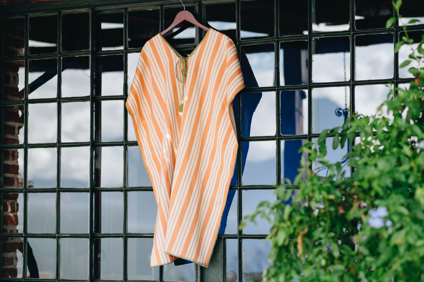 ORANGE STRIPE NARROW MINI KAFTAN WITH GREEN STITCH