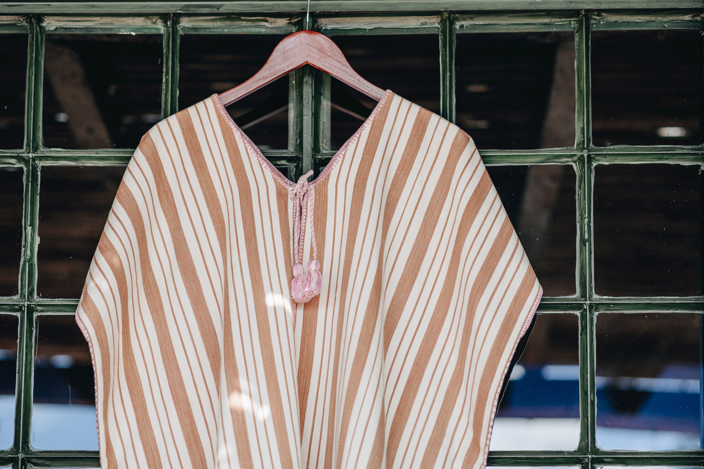 BEIGE STRIPE WIDE MIDI KAFTAN WITH PINK STITCH