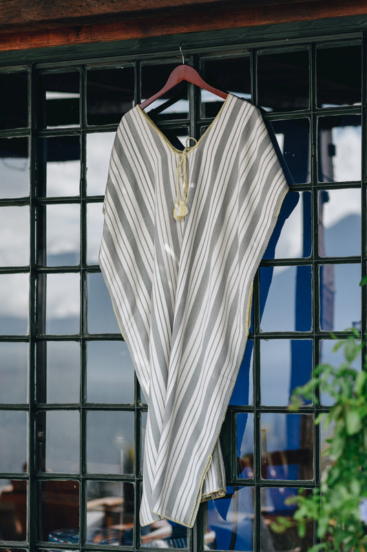 GREY STRIPE WIDE MAXI KAFTAN WITH YELLOW STITCH