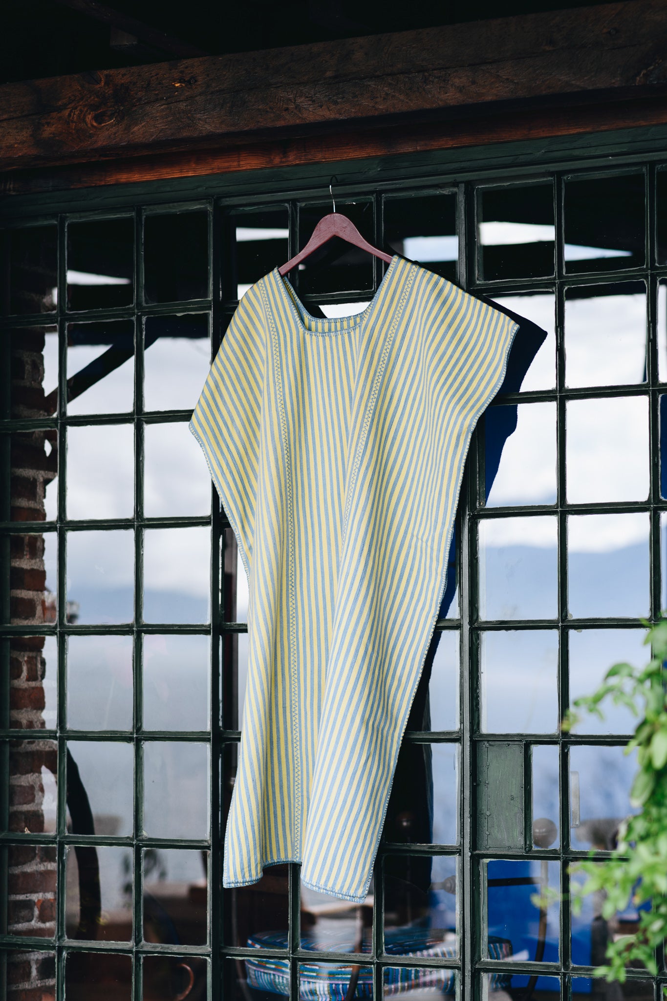 YELLOW AND BLUE STRIPE WIDE MAXI KAFTAN DRESS