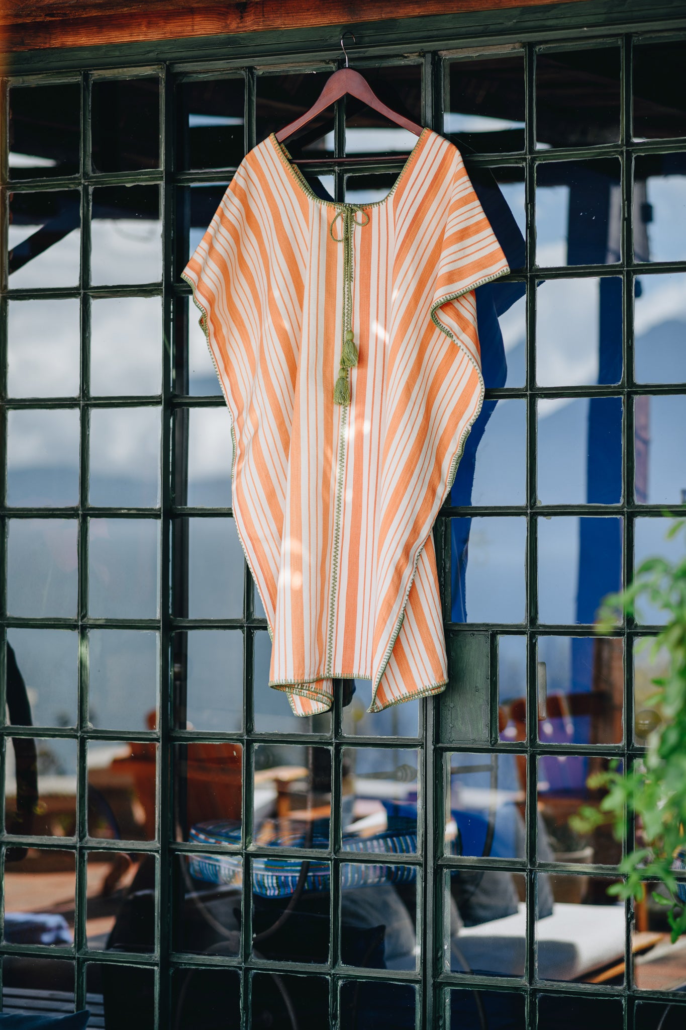 ORANGE STRIPE EXTRA WIDE MIDI KAFTAN WITH GREEN STITCH