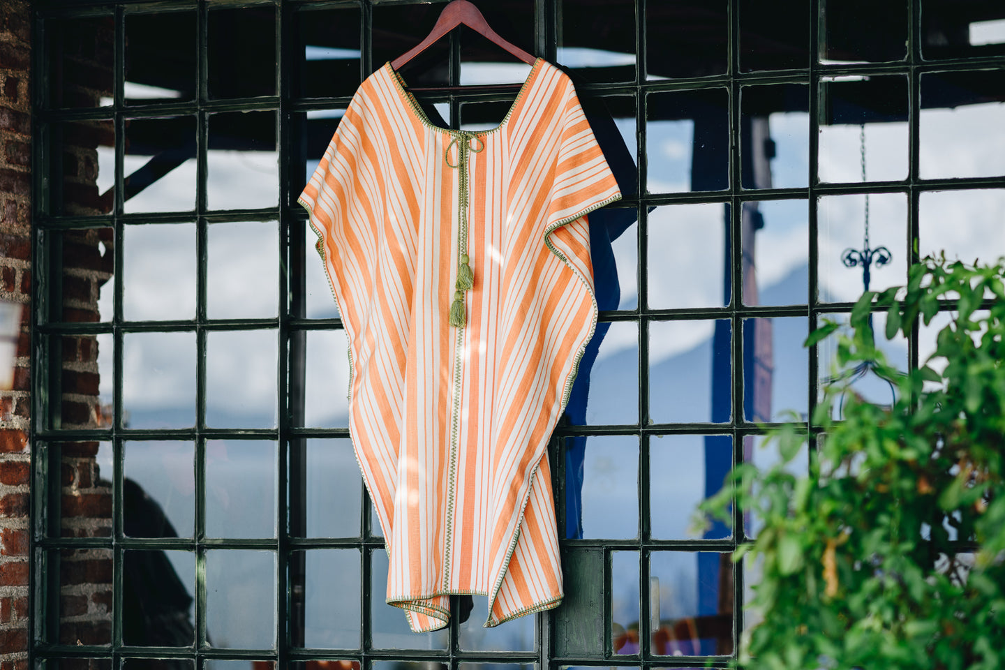 ORANGE STRIPE EXTRA WIDE MIDI KAFTAN WITH GREEN STITCH