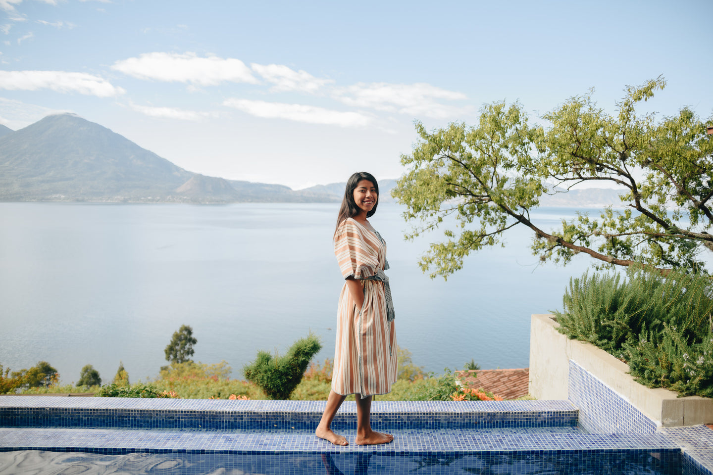 BEIGE STRIPE EXTRA WIDE MIDI KAFTAN WITH BLUE STITCH