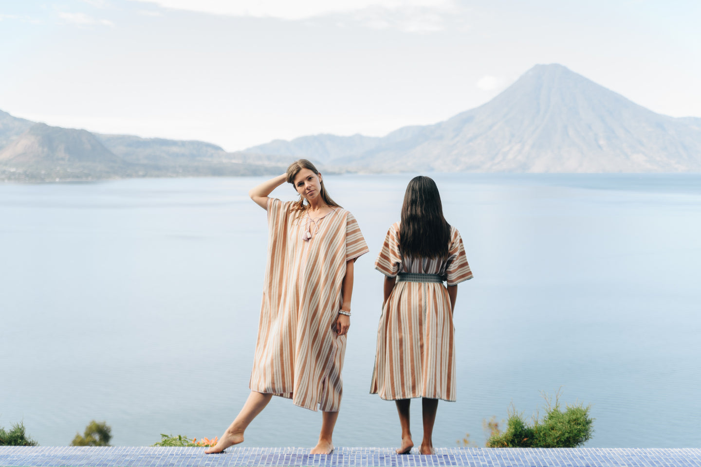 BEIGE STRIPE WIDE MIDI KAFTAN WITH PINK STITCH