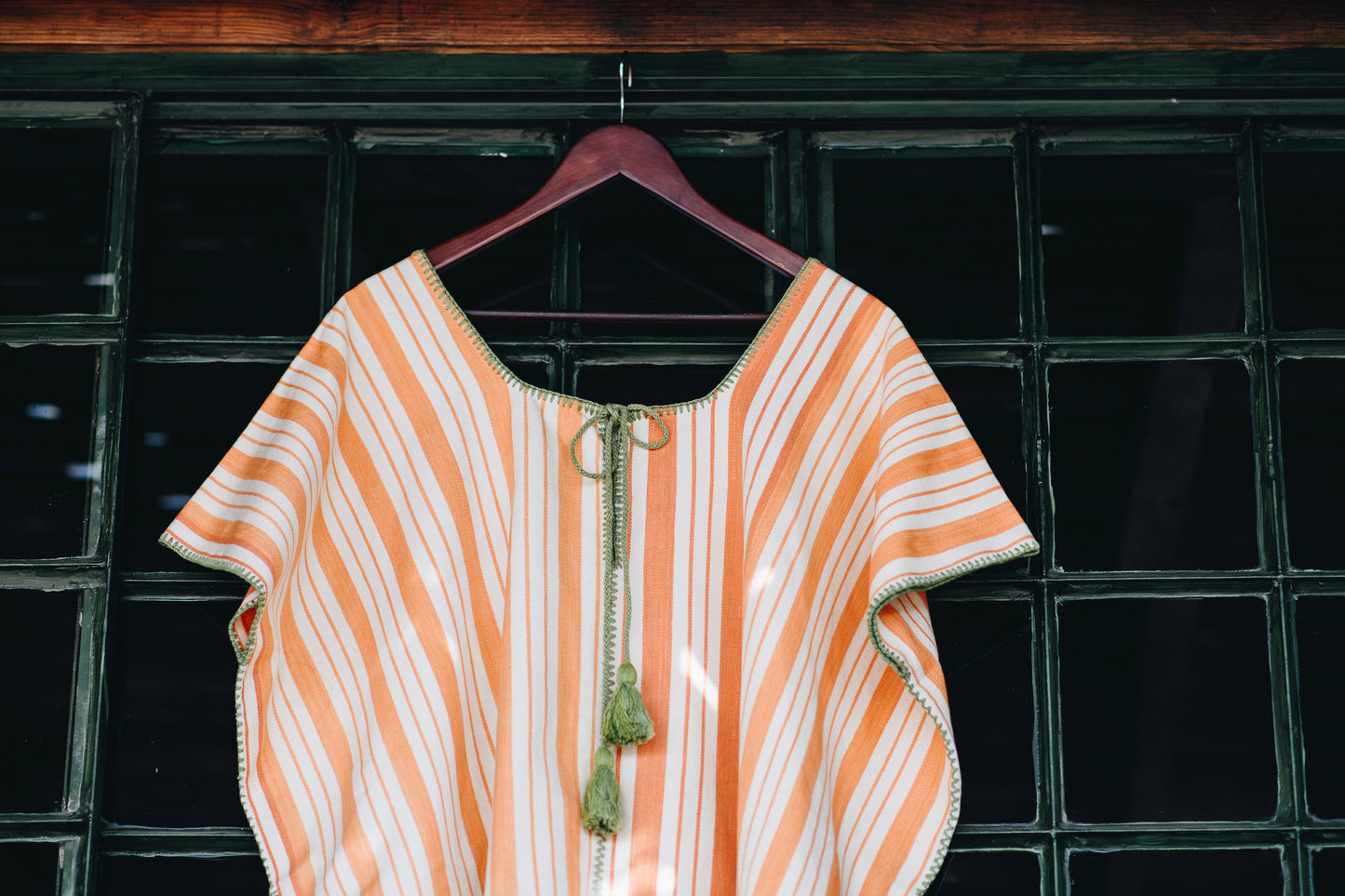 ORANGE STRIPE EXTRA WIDE MIDI KAFTAN WITH GREEN STITCH